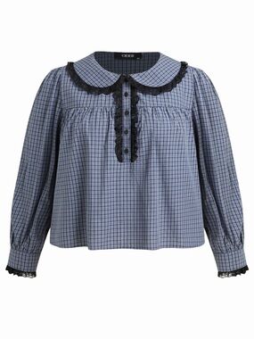 Cider Blue Plaid Peter Pan Collar Blouse with Black Lace Trim